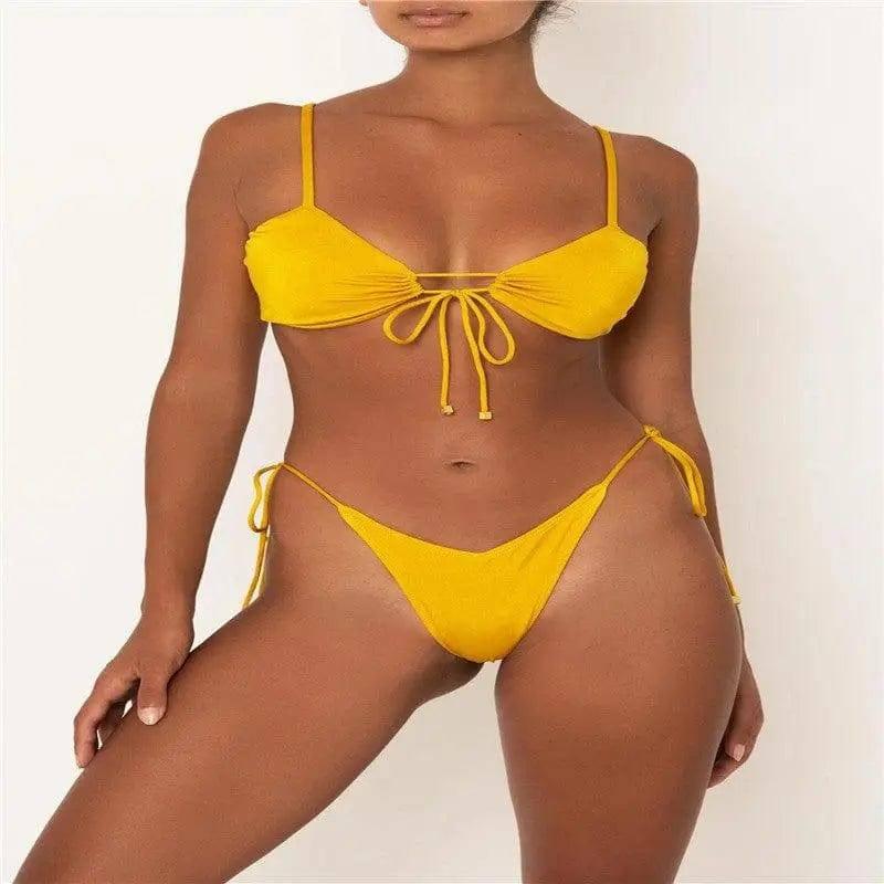 Split bikini with solid color strap-Yellow-4