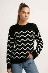 Black and mustard wave pattern knit sweater for women - trendy casual pullover