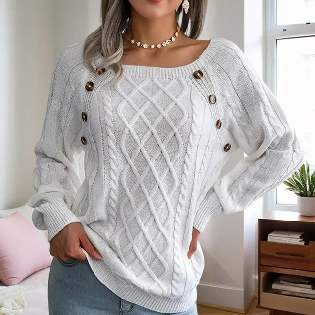 Women’s grey cable-knit sweater with button accents – warm casual pullover