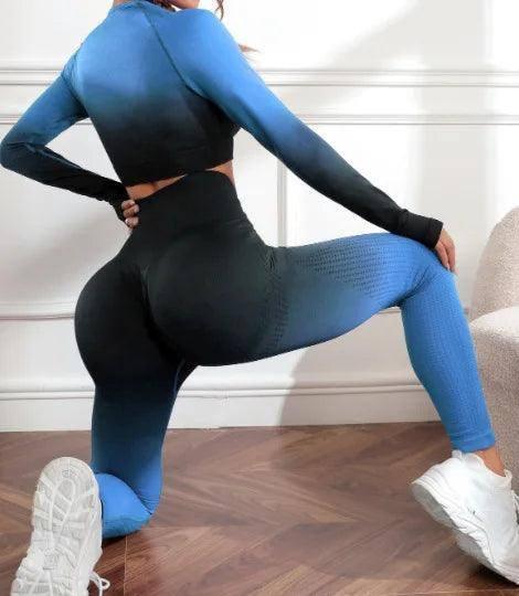 Women Yoga 2 Pieces Workout Outfits Seamless High Waist-blue-1