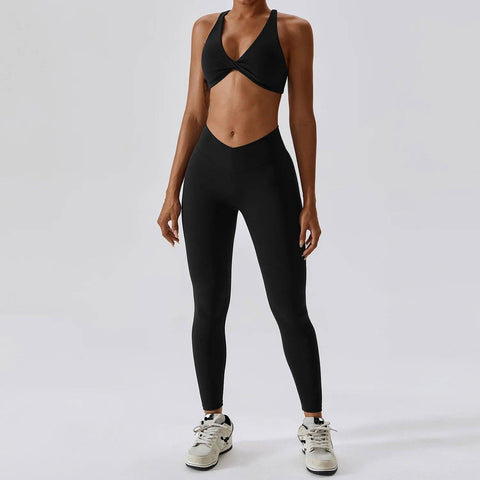 Women Yoga Clothing Sets Athletic Wear High Waist Leggings-Advanced Black-1-1