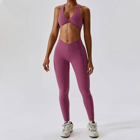 Women Yoga Clothing Sets Athletic Wear High Waist Leggings-Crimson Purple -1-1