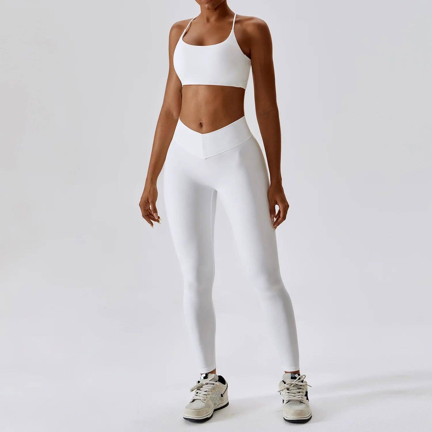 Women Yoga Clothing Sets Athletic Wear High Waist Leggings-Swan White-2-1