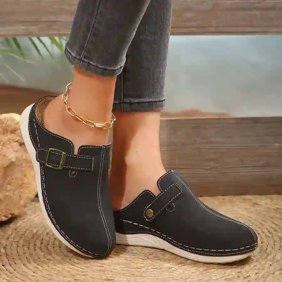 Women’s Rivet-Buckle Closed-Toe Wedge Slippers