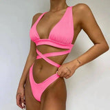 Women's Solid Color Cross Bikini Swimsuit-Pink-2